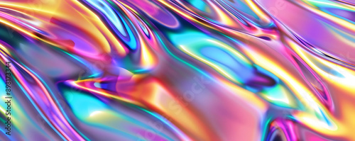 An abstract background featuring holographic chrome gradient waves in vibrant colors © alexandre