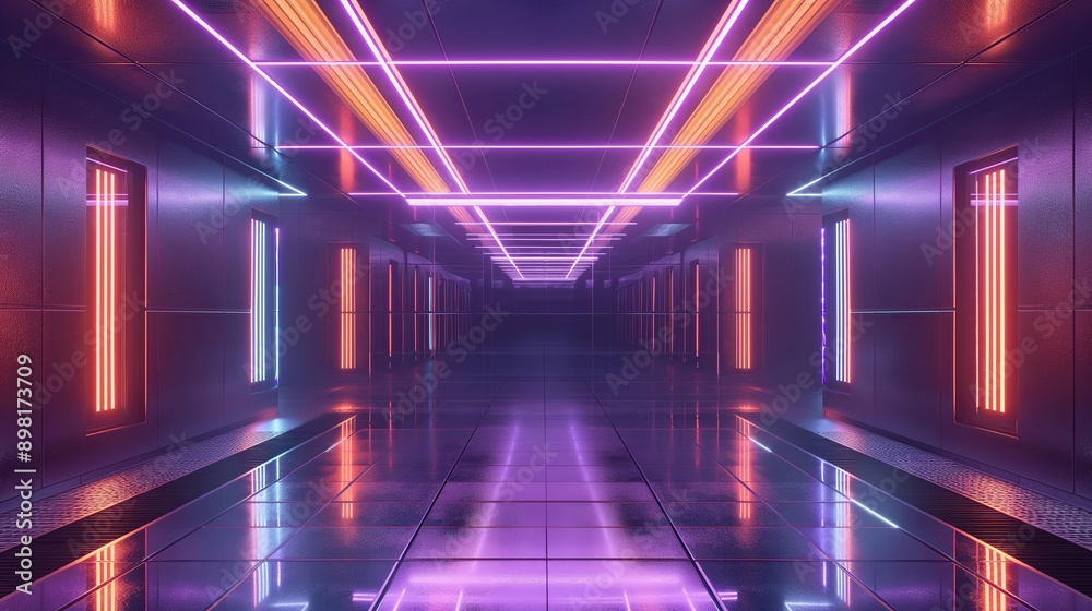 Fototapeta premium A long, dark hallway with neon lights on the walls. Abstract background