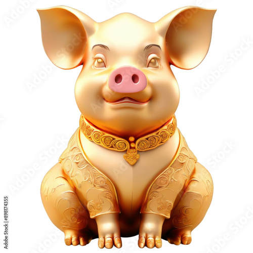 Pig with gold texture, traditional East Asian culture style. Cut out transparent background. - Generative AI