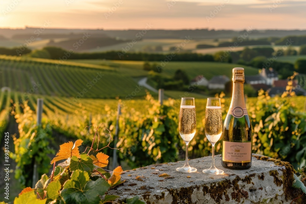 Fototapeta premium Champagne Bottle and Glasses on Stone Wall with Vineyard in the Background