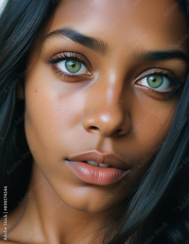 Portrait of a young woman with long, flowing black hair and striking green eyes against a nature-blurred background Portrait of a young woman with long, flowing black hair and striking green eyes against a nature-blurred background