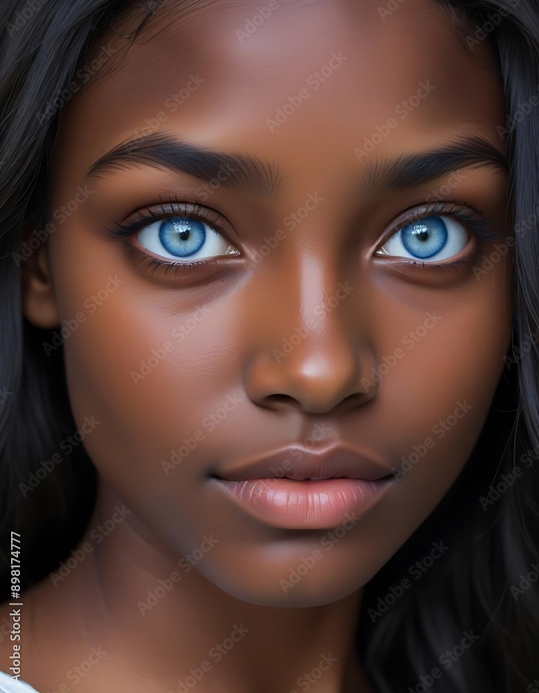 Portrait of a young woman with long, flowing black hair and striking blue eyes in a serene, blurred background Portrait of a young woman with long, flowing black hair and striking blue eyes in a serene, blurred background