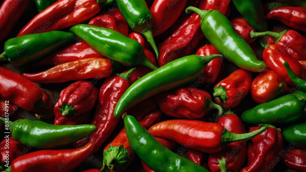 Unique green chilli pepper among a group of red ones Unique green chilli pepper among a group of red ones