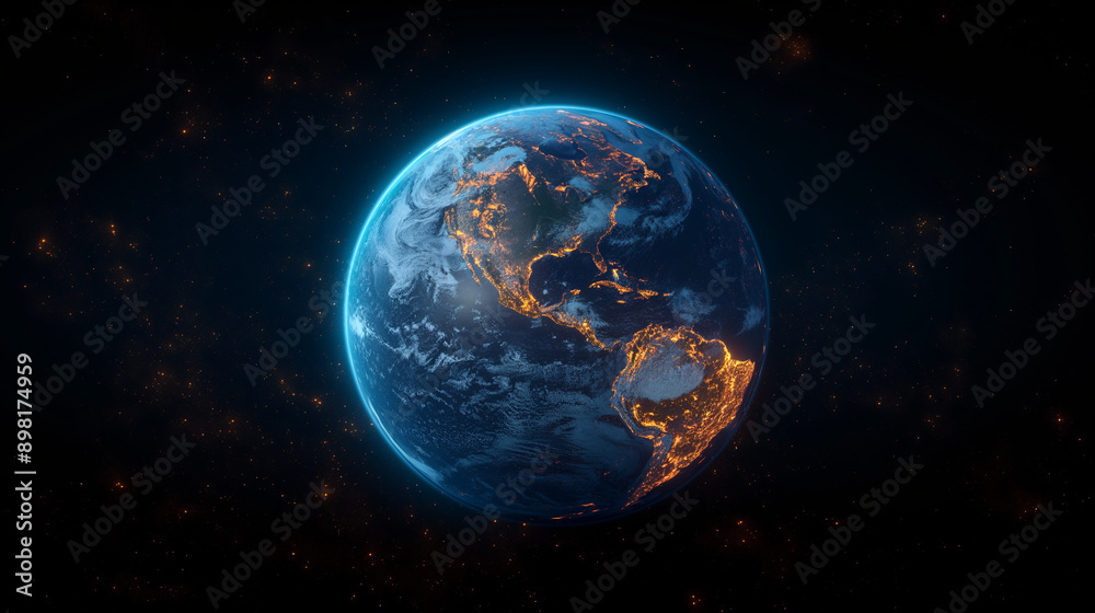 Obraz premium A detailed and vibrant representation of a planet, possibly Earth, with city lights illuminating its surface. The continents are distinctly visible, with the brightest lights concentrated in areas