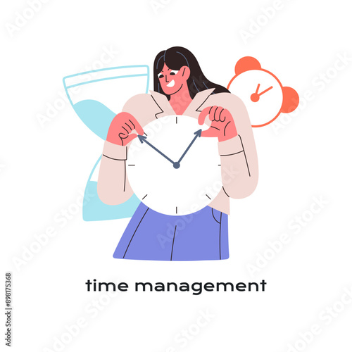 Time management concept. Self organization, discipline, efficient abilities. Worker with soft skills to planning. Employee appoints deadline with watch. Flat isolated vector illustration on white