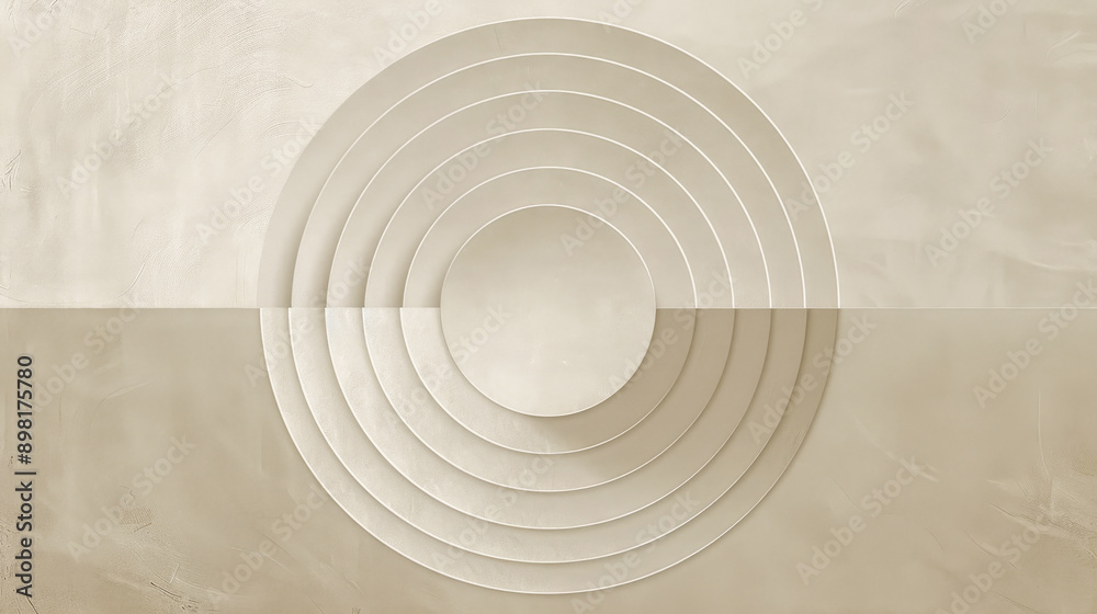 Obraz premium White wall with concentric circles background texture, simple and elegant style, light beige and gray tones, symmetrical composition, circular shapes