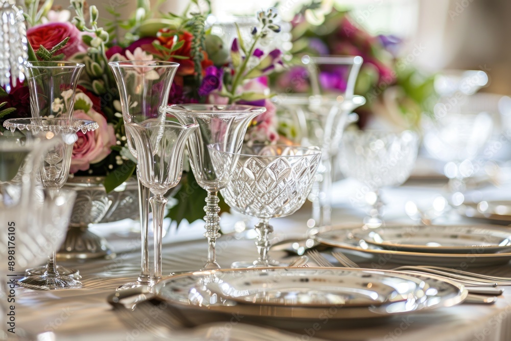 Fototapeta premium Crystal Wine Glasses and Silverware on a Table Setting