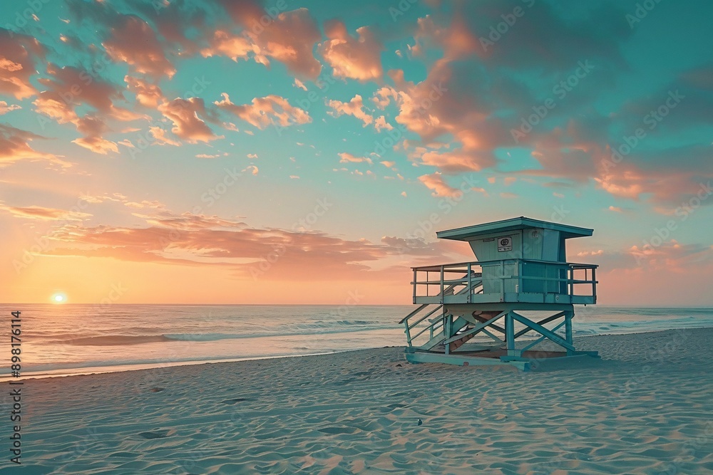 A wooden lifeguard tower stands on a sandy beach overlooking the ocean at sunset with a dramatic and colorful sky. A wooden lifeguard tower stands on a sandy beach overlooking the ocean at sunset with a dramatic and colorful sky.