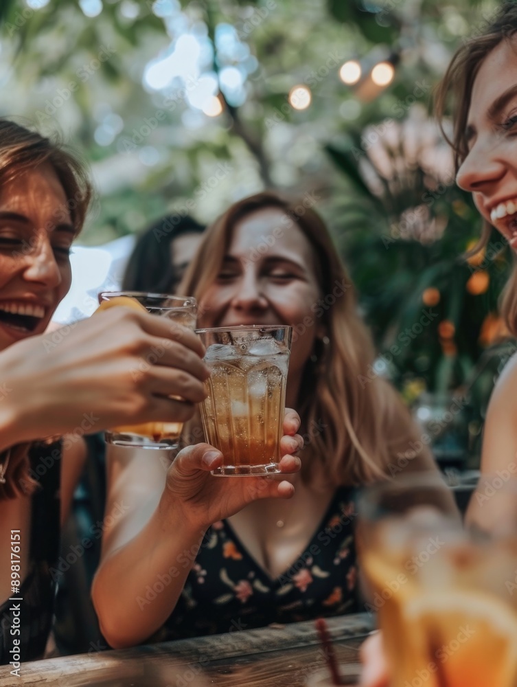 Group of friends gathered around the table sharing drinks and conversation, perfect for use in lifestyle, party or social media concepts Group of friends gathered around the table sharing drinks and conversation, perfect for use in lifestyle, party or social media concepts