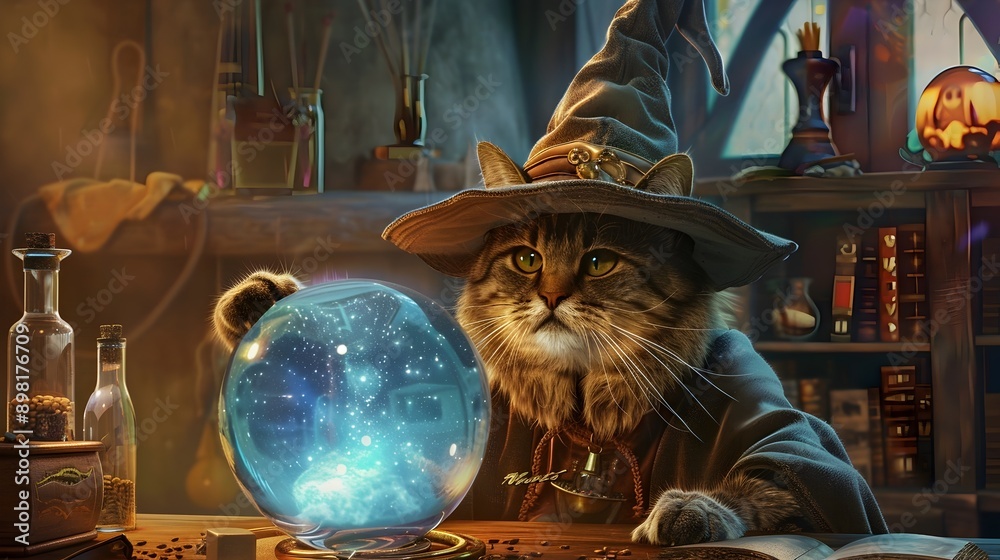 Mysterious Feline Sorcerer Peers into Glowing Crystal Ball in Occult Wizard s Workshop Mysterious Feline Sorcerer Peers into Glowing Crystal Ball in Occult Wizard s Workshop