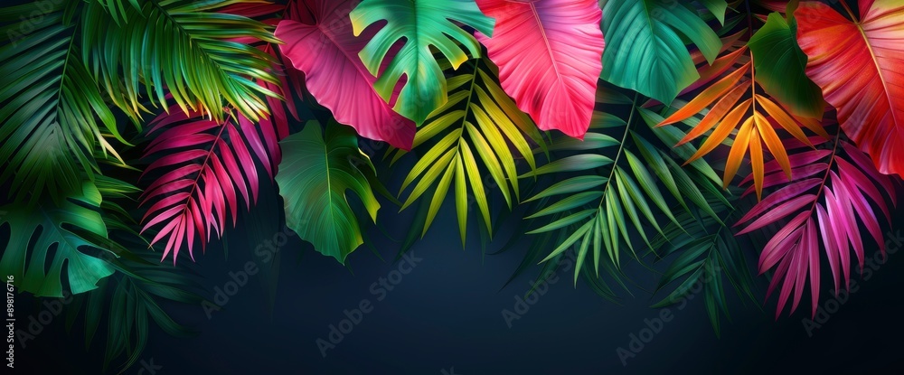 Tropical Leaf Forest Glowing In The Black Light Background, High Contrast Showcasing Nature'S Vibrant Beauty