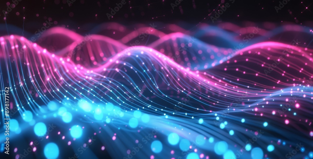 Abstract background with blue and pink glowing lines on a dark black background. Abstract background with blue and pink glowing lines on a dark black background.