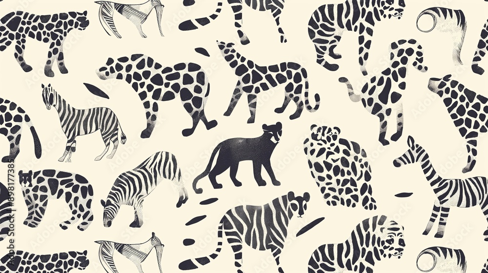 A black and white drawing of many different animals, including a tiger, giraffe. Abstract background A black and white drawing of many different animals, including a tiger, giraffe. Abstract background