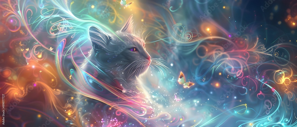 Ethereal Cat Surrounded by Swirling Magical Patterns and Neon Lights in a Dreamy Enchanting Atmosphere Ethereal Cat Surrounded by Swirling Magical Patterns and Neon Lights in a Dreamy Enchanting Atmosphere