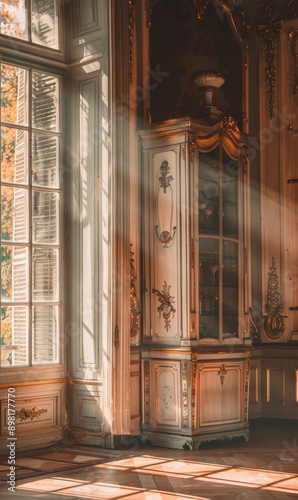 A sunbeam illuminates a dusty room with antique furniture and ag photo