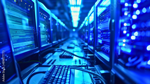 Wallpaper Mural Digital data center illuminated with blue neon light with internet servers and computers, monitors displaying codes, information, network system technology, cybersecurity, and artificial intelligence Torontodigital.ca