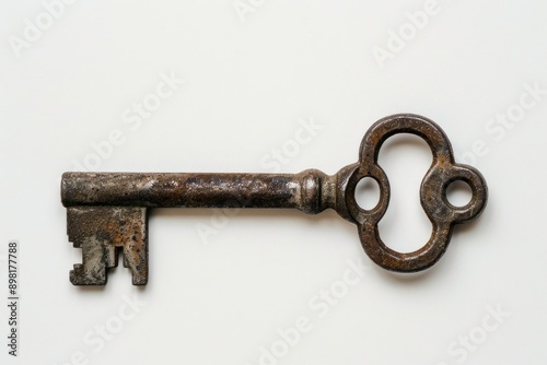 Vintage iron key on white