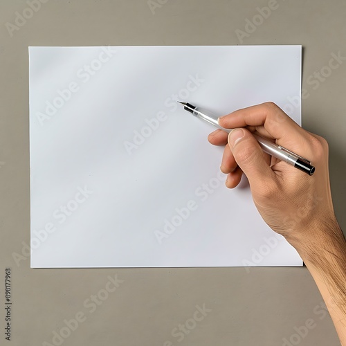 Hand with pen writing on blank paper, isolated on gray background. photo