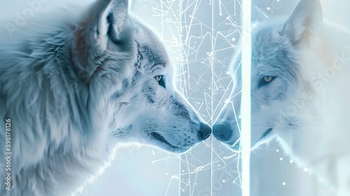 Ethereal Wolf Reflection Shines in Neon Lit Digital Fibers