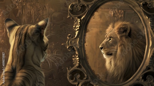 Feline Enchantment A Small Cat s Surreal Reflection Reveals a Majestic Lion in an Ornate Elegant Room