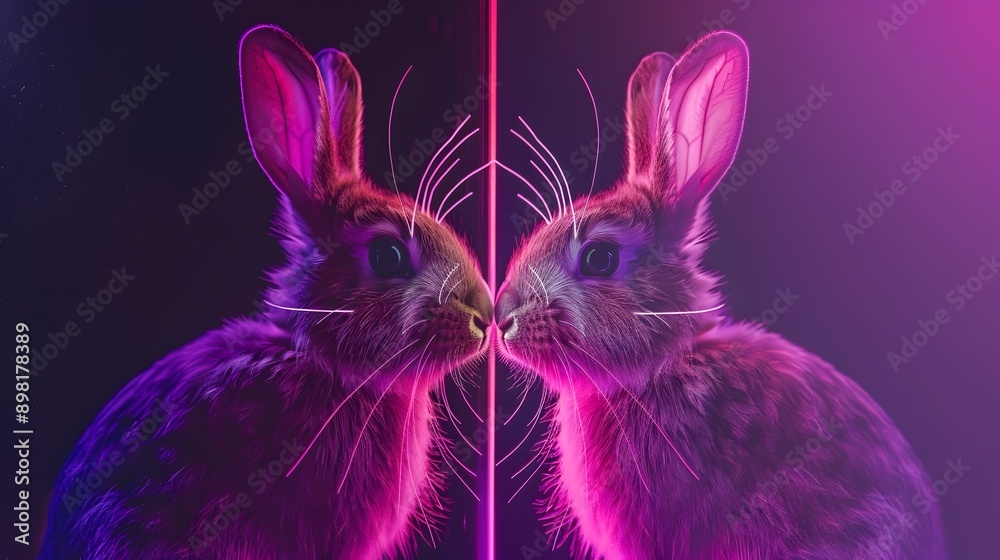 Glowing Rabbit with Vibrant Neon Ears on Surreal Fantasy Backdrop Glowing Rabbit with Vibrant Neon Ears on Surreal Fantasy Backdrop