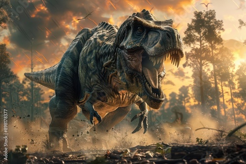 cinematic digital artwork of a fierce trex midattack with hyperrealistic textures and dramatic lighting set against a moody prehistoric landscape photo