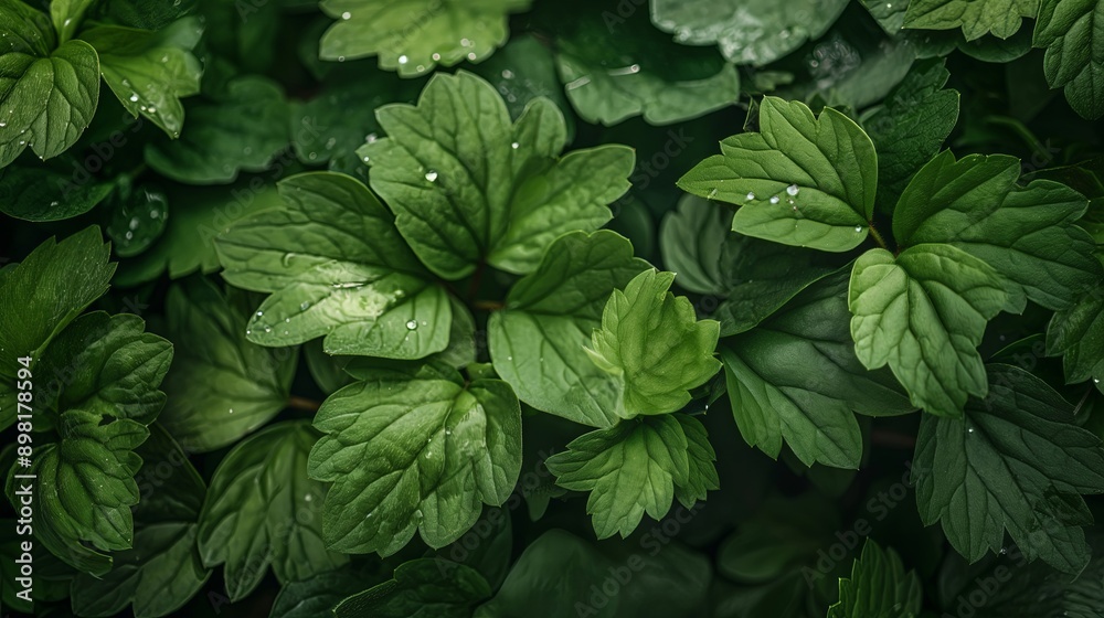 A group of green leaves with droplets of water on them. Green background A group of green leaves with droplets of water on them. Green background
