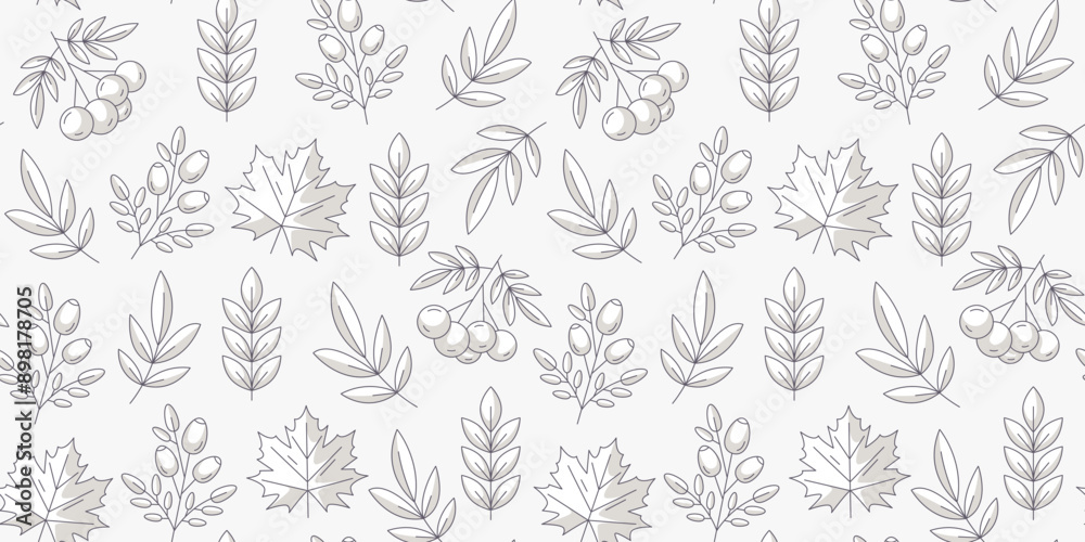 Vector monochrome gray autumn organic seamless pattern with rowan, maple leaf, rosehip. Isolated white background. Fall endless backdrop. For fabric, paper, textile, gift wrap, cover or wallpaper Vector monochrome gray autumn organic seamless pattern with rowan, maple leaf, rosehip. Isolated white background. Fall endless backdrop. For fabric, paper, textile, gift wrap, cover or wallpaper