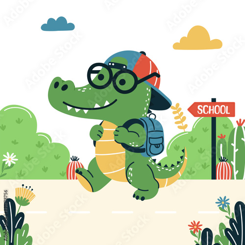 Back to school. Smiling crocodile in glasses and a cap goes to school.