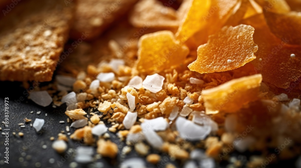 Close-Up of Salt, Crackers, and Dried Mango Close-Up of Salt, Crackers, and Dried Mango