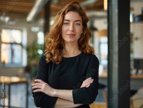 A woman stands confidently with her arms crossed, wearing a black dress Free Download A woman stands confidently with her arms crossed, wearing a black dress - GFXLoad