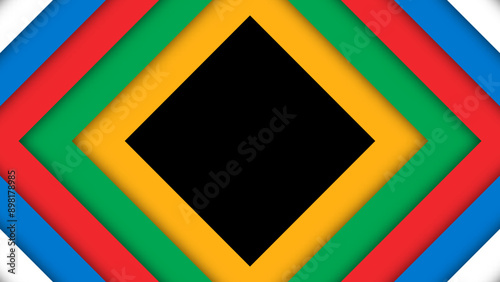 Abstract colored background for the Olympic Games. Geometric shapes in Olympic colors - red, green, orange, blue, black and white. Vector flag for sports games. Shape triangle, square