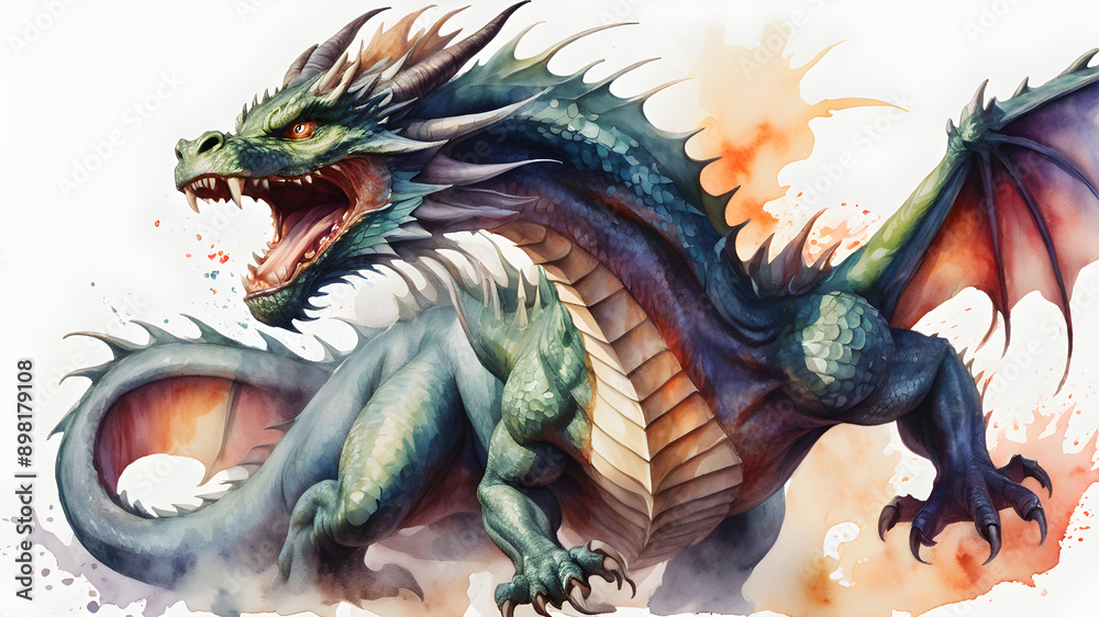Emerald Fury: A watercolor dragon unleashes a fiery roar, its scales shimmering amidst a vibrant, ethereal backdrop. Emerald Fury: A watercolor dragon unleashes a fiery roar, its scales shimmering amidst a vibrant, ethereal backdrop.