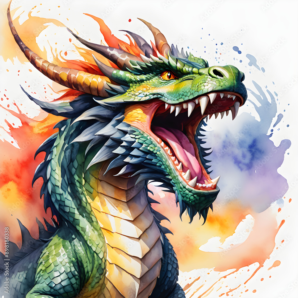 Emerald Fury: A watercolor dragon unleashes a fiery roar, its scales shimmering amidst a vibrant, ethereal backdrop. Emerald Fury: A watercolor dragon unleashes a fiery roar, its scales shimmering amidst a vibrant, ethereal backdrop.