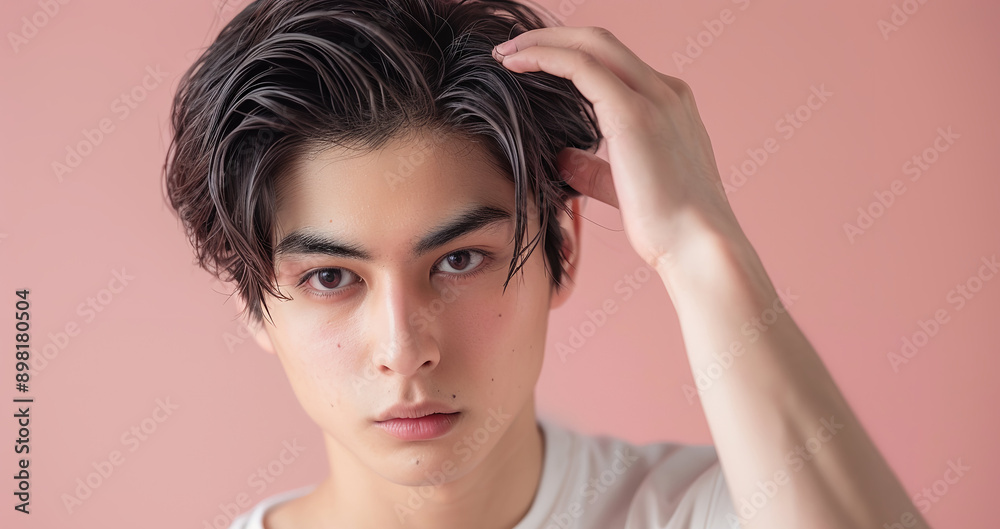 Fototapeta premium 髪の毛が気になる若い男性 AI