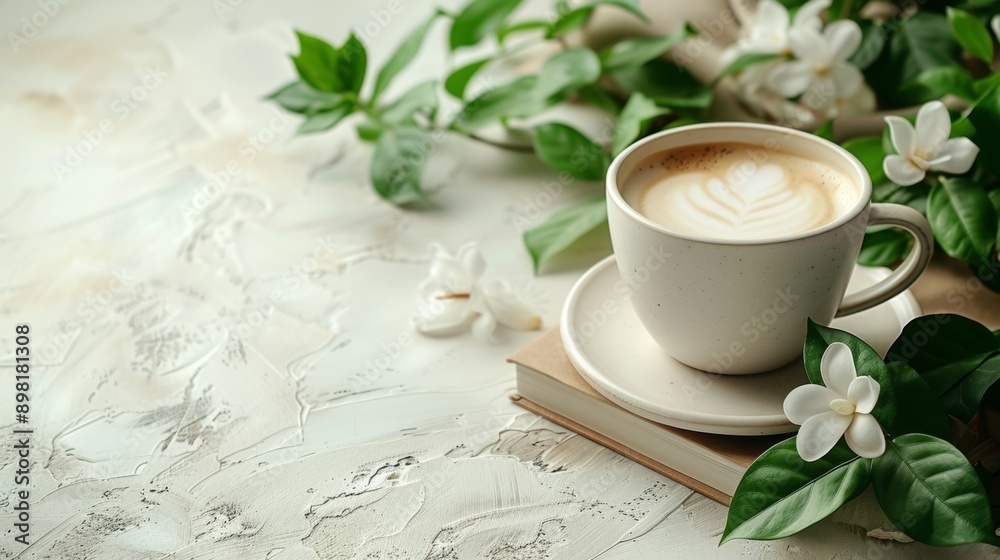 Simple and clean background with book, a coffee cup, and a green plant. Blank space in the center Simple and clean background with book, a coffee cup, and a green plant. Blank space in the center