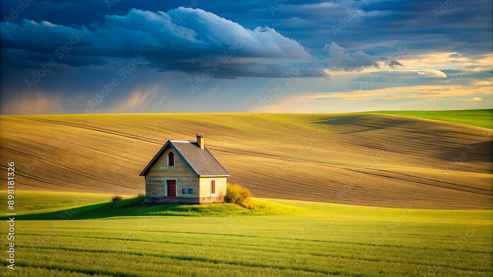 A small, wooden house with a red door sits on a rolling green hill. The sky is cloudy with a hint of blue and yellow A small, wooden house with a red door sits on a rolling green hill. The sky is cloudy with a hint of blue and yellow