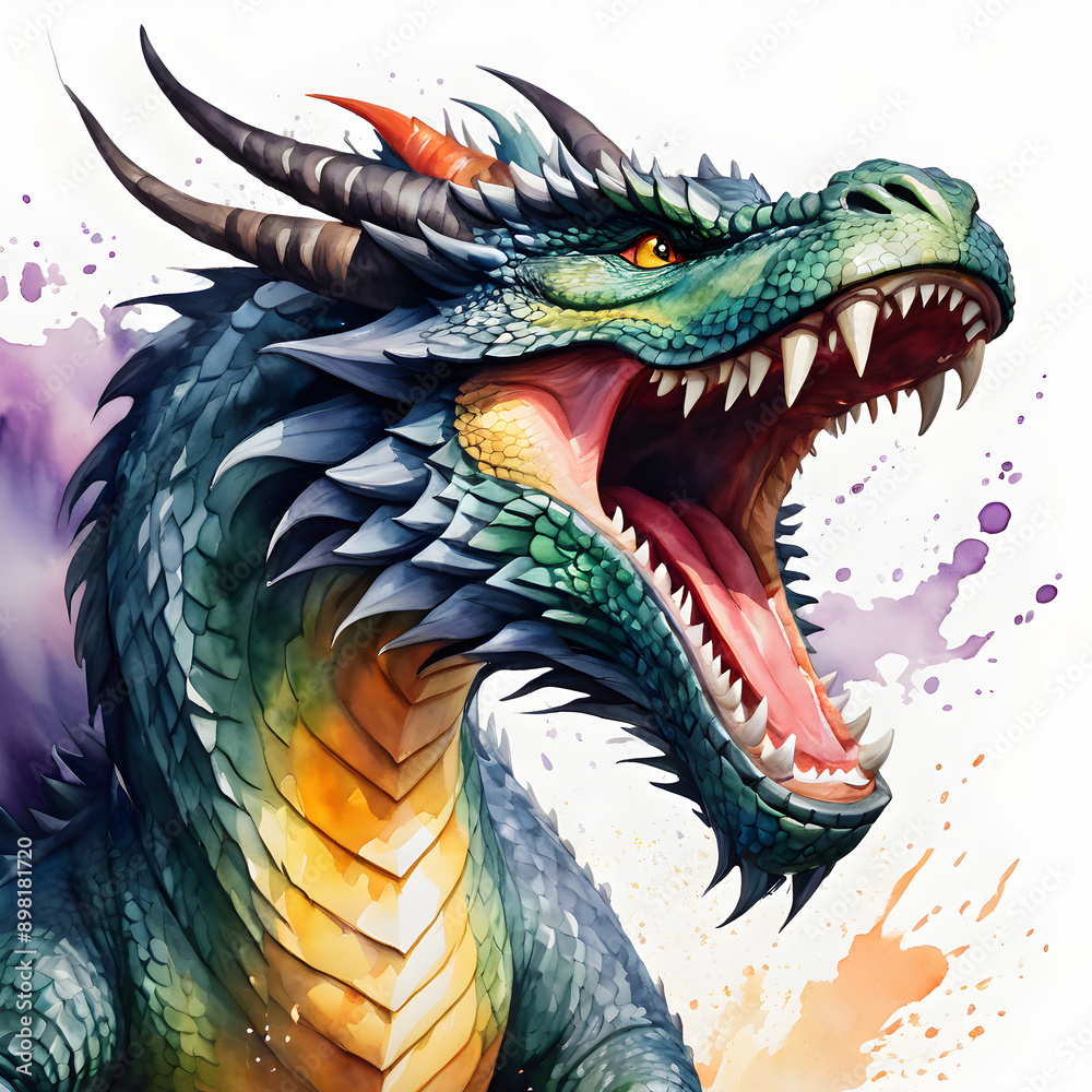 Emerald Fury: A watercolor dragon unleashes a fiery roar, its scales shimmering amidst a vibrant, ethereal backdrop. Emerald Fury: A watercolor dragon unleashes a fiery roar, its scales shimmering amidst a vibrant, ethereal backdrop.