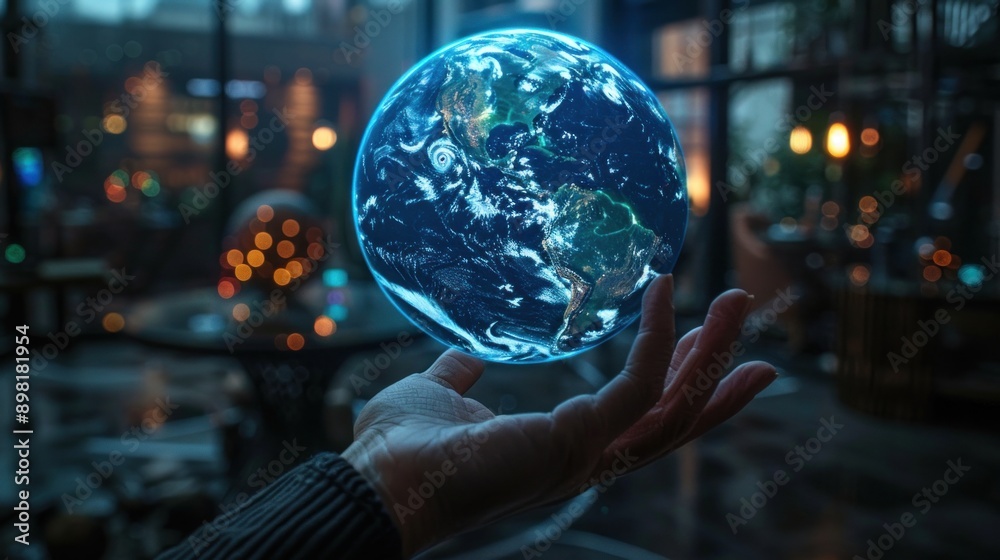 Fototapeta premium An illuminated digital globe presenting climate data and environmental metrics on public display: ecology and sustainability for a better future