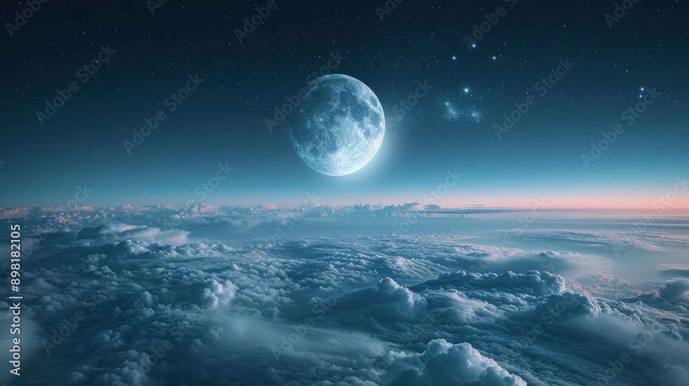 A seamless journey unfolds as we soar over the infinite clouds, bathed in the gentle glow of the night moon A seamless journey unfolds as we soar over the infinite clouds, bathed in the gentle glow of the night moon