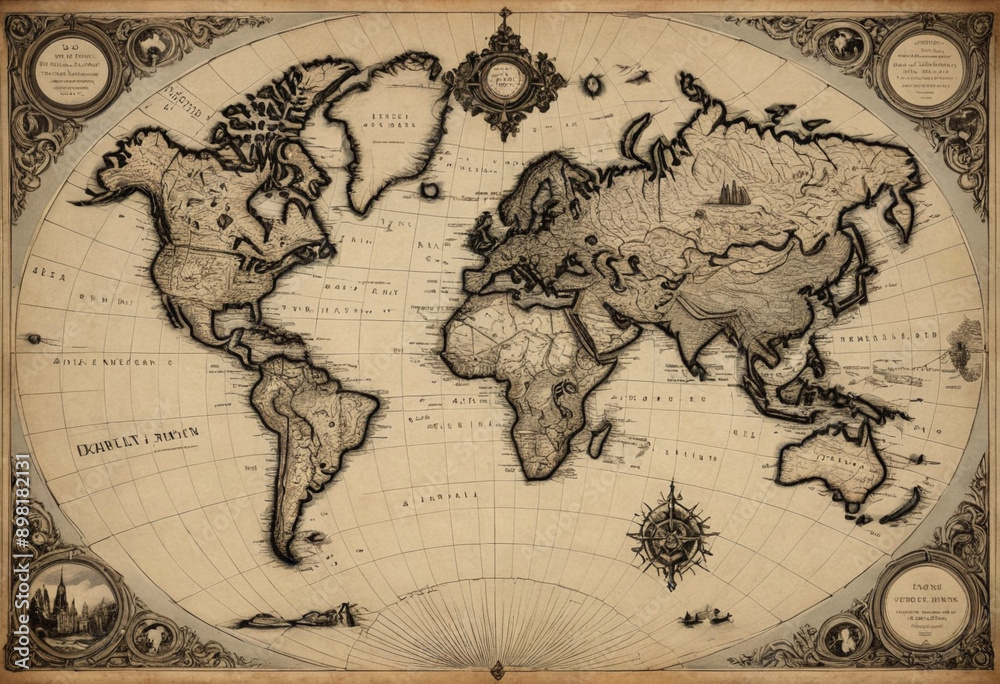 Obraz premium Vintage map illustrations with detailed engravings.