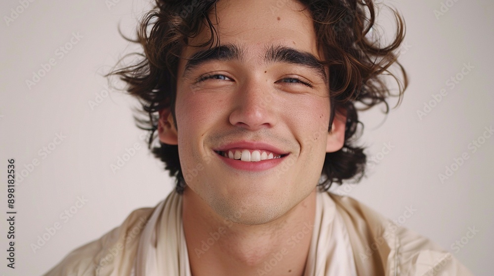 Photo of a pretty Japanese male face in his 20s, smiling at the camera in a cross-eyed style. He is wearing a physical therapy gown against a white background. --ar 16:9 --c 30 Photo of a pretty Japanese male face in his 20s, smiling at the camera in a cross-eyed style. He is wearing a physical therapy gown against a white background. --ar 16:9 --c 30