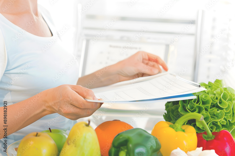 Person holding a clipboard with fresh vegetables on a table in the foreground Person holding a clipboard with fresh vegetables on a table in the foreground