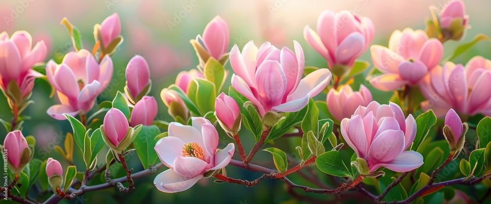 Obraz premium Magnolia Flowers Background, Capturing The Elegance And Delicate Beauty Of Blooming Flowers