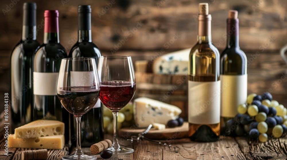 Wine bottles, wine glasses filled with red wine, and assorted cheeses on a rustic wooden table. Generative AI Wine bottles, wine glasses filled with red wine, and assorted cheeses on a rustic wooden table. Generative AI