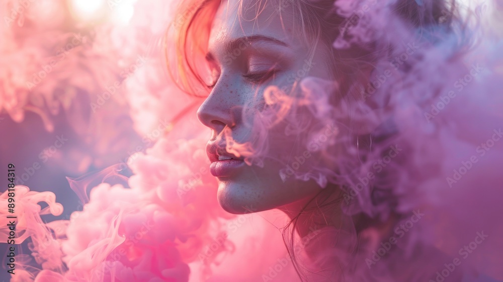 Pink smoke billows and flows in this artistic and serene portrait of a serene woman surrounded by colorful, dreamy smoke clouds Pink smoke billows and flows in this artistic and serene portrait of a serene woman surrounded by colorful, dreamy smoke clouds