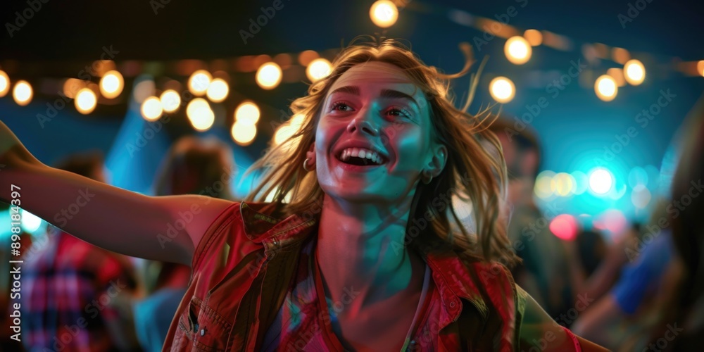 Naklejka premium A woman in a red shirt is dancing and having fun at a lively party