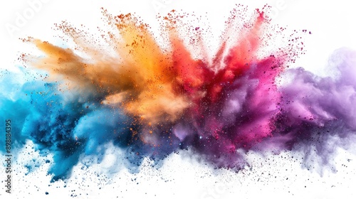 A burst of vibrant colored powder erupts, suspended in mid-air against a pristine white background, showcasing hues of cyan, magenta, yellow, and black toner in a mesmerizing display of color
