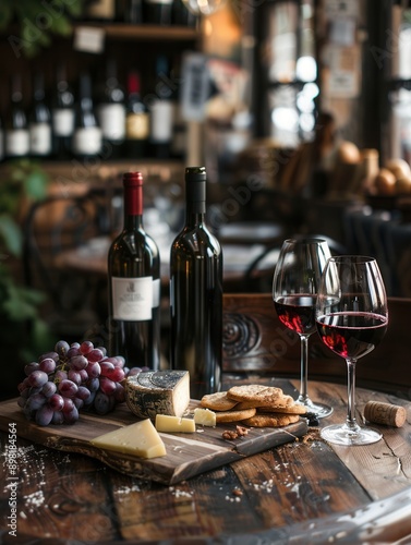 Two bottles of red wine, two wine glasses filled with red wine, and a cheese plate with grapes and crackers on a rustic wooden table in a cozy setting. Generative AI