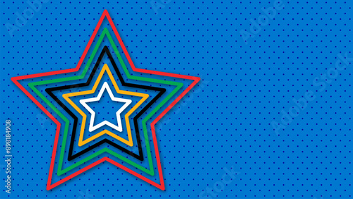 Abstract colored background for the Olympic Games. Geometric shapes in Olympic colors - red, green, orange, blue, black and white. Vector flag for sports games. Shape star